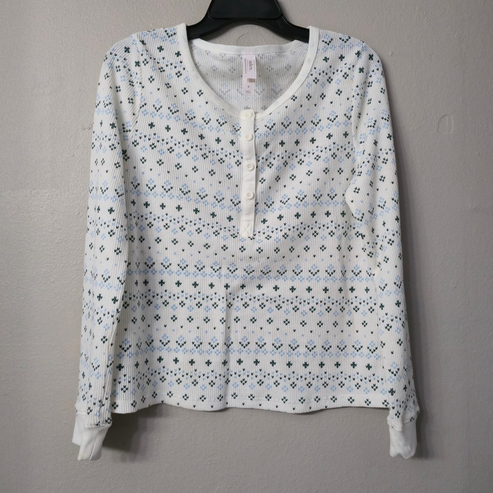 Auden Womens White Floral Fair Isle Waffle Knit Thermal Henley Top Size M
